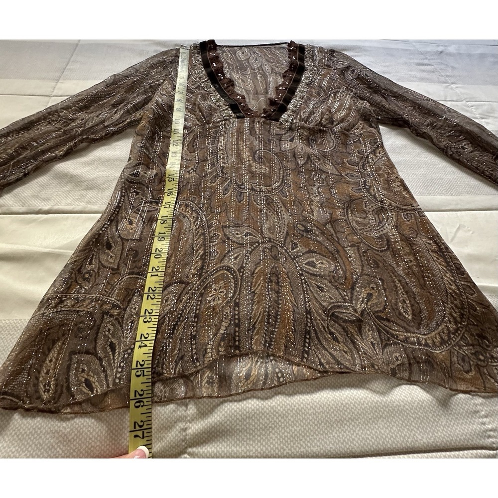 Y2K Bohemian Sheer Blouse Metallic Thread Deep V Velvet Ribbon Trim Sequins READ - Picture 7 of 12